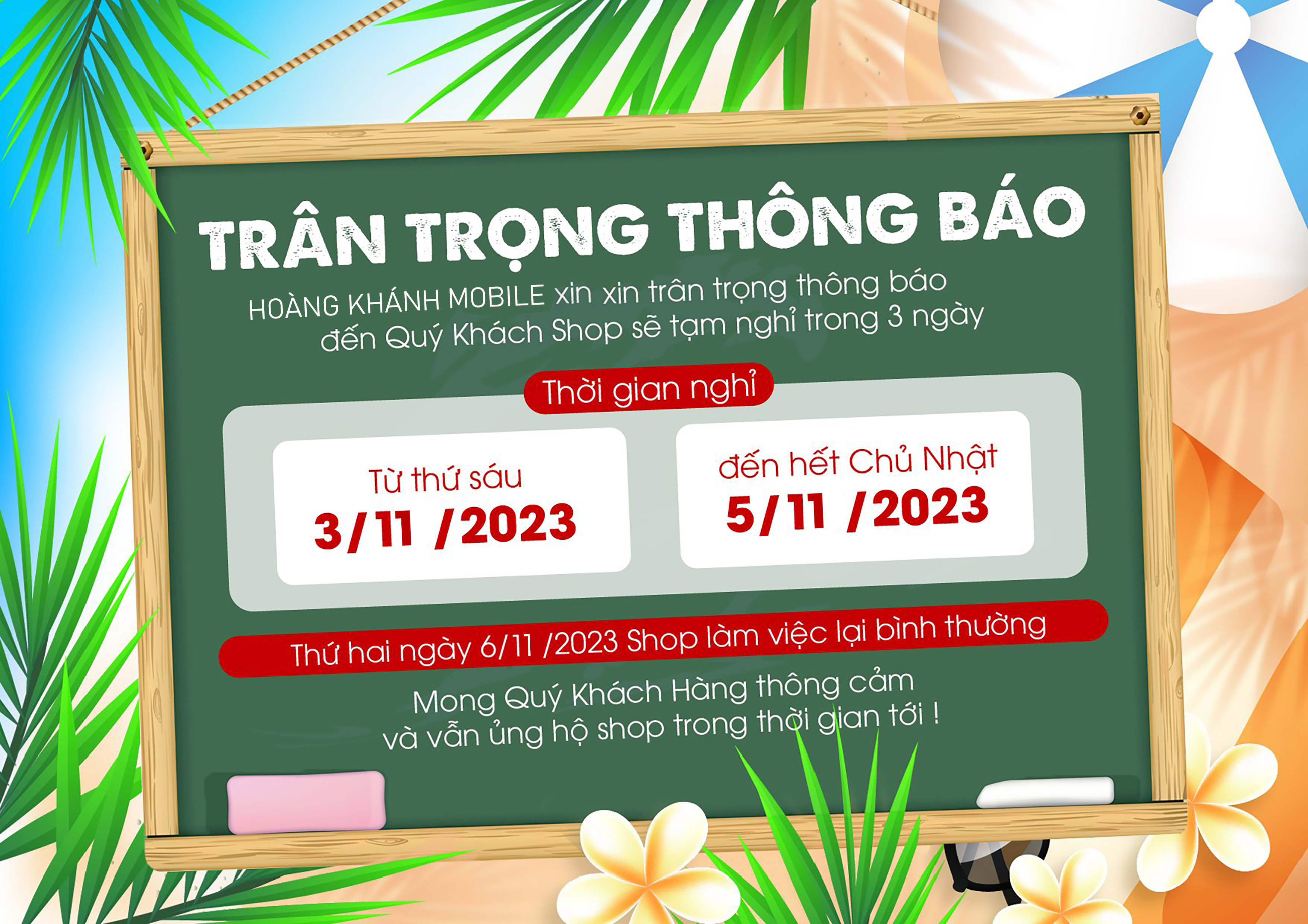 THÔNG BÁO TẠM NGHỈ 3 – 5/11/2023