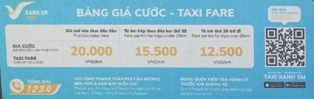 giá taxi điện vinfast - taxi fare xanh sm