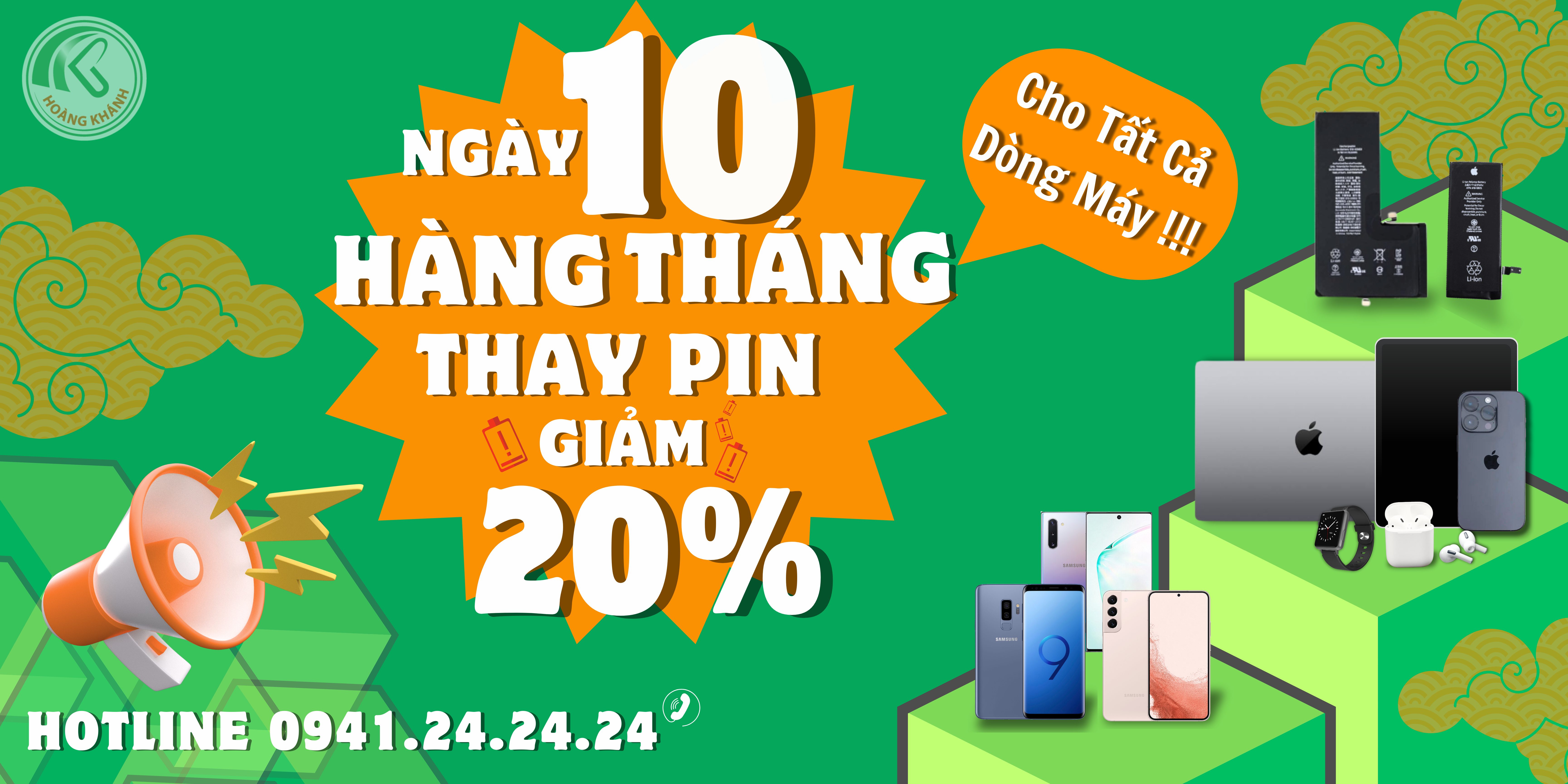 Ngày 10 hàng tháng giảm 20% thay pin tất cả dòng máy.